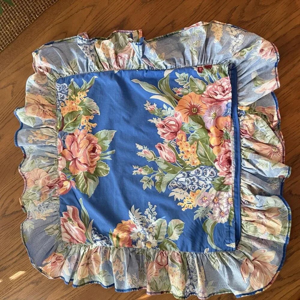 Vtg Ralph Lauren 16” Blue Floral Cotton Pillow Cover W/Ruffle Cottage